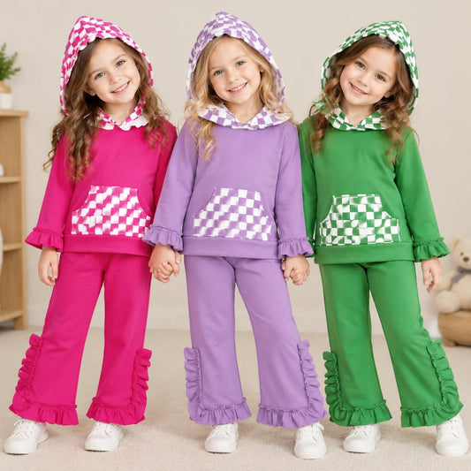 Sibling Kids Girls  Solid Cotton Long Sleeve Checked Pocket Hoodie Ruffle Pants Outfit