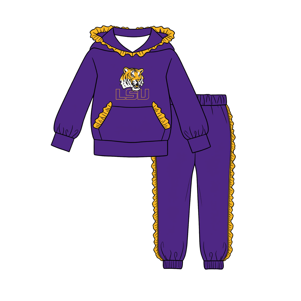(Custom Design Preorder MOQ 5 Each)Teams Logo Print Long Sleeve Hoodie Top Pants Girls Ruffles Clothes Set Sisters Wear