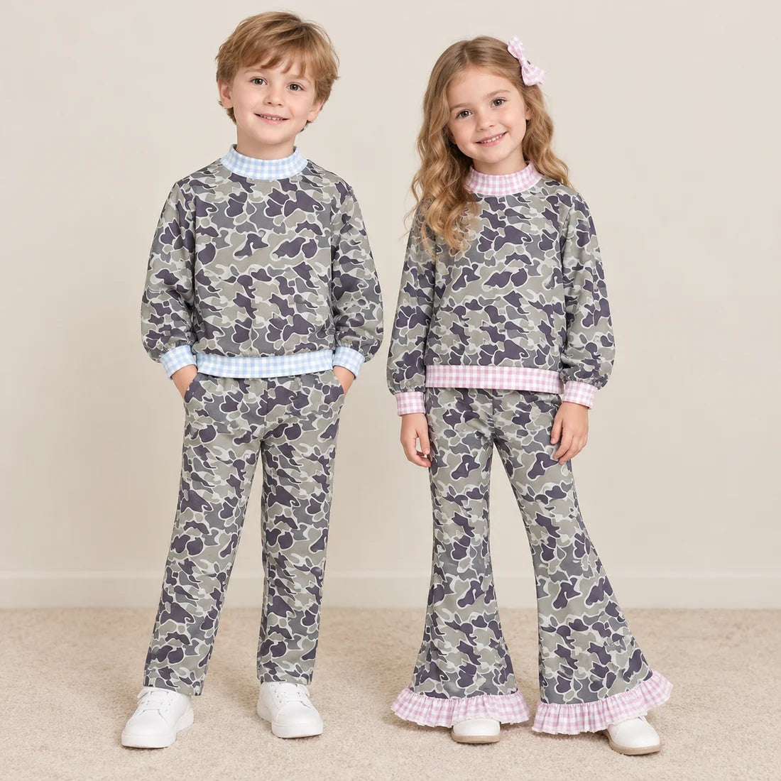 Sibling Kids Girls Boys Camo Gingham Trim Long Sleeve Pants Outfit