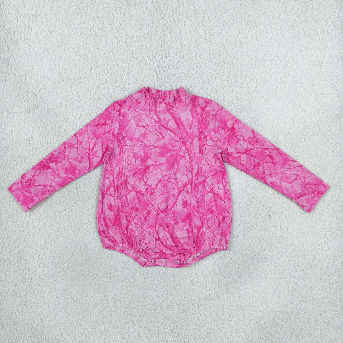 LR3224 Pink Branch Print Baby Girls Mock Neck Long Sleeve Bubble Romper
