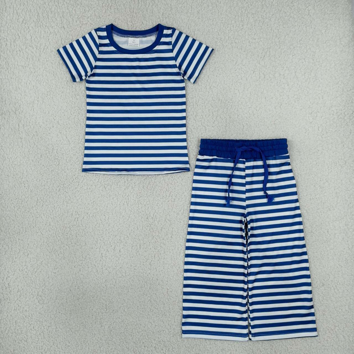 GSPO2385 Blue Stripes Print Short Sleeve Top Straight Pants Girls Clothes Set