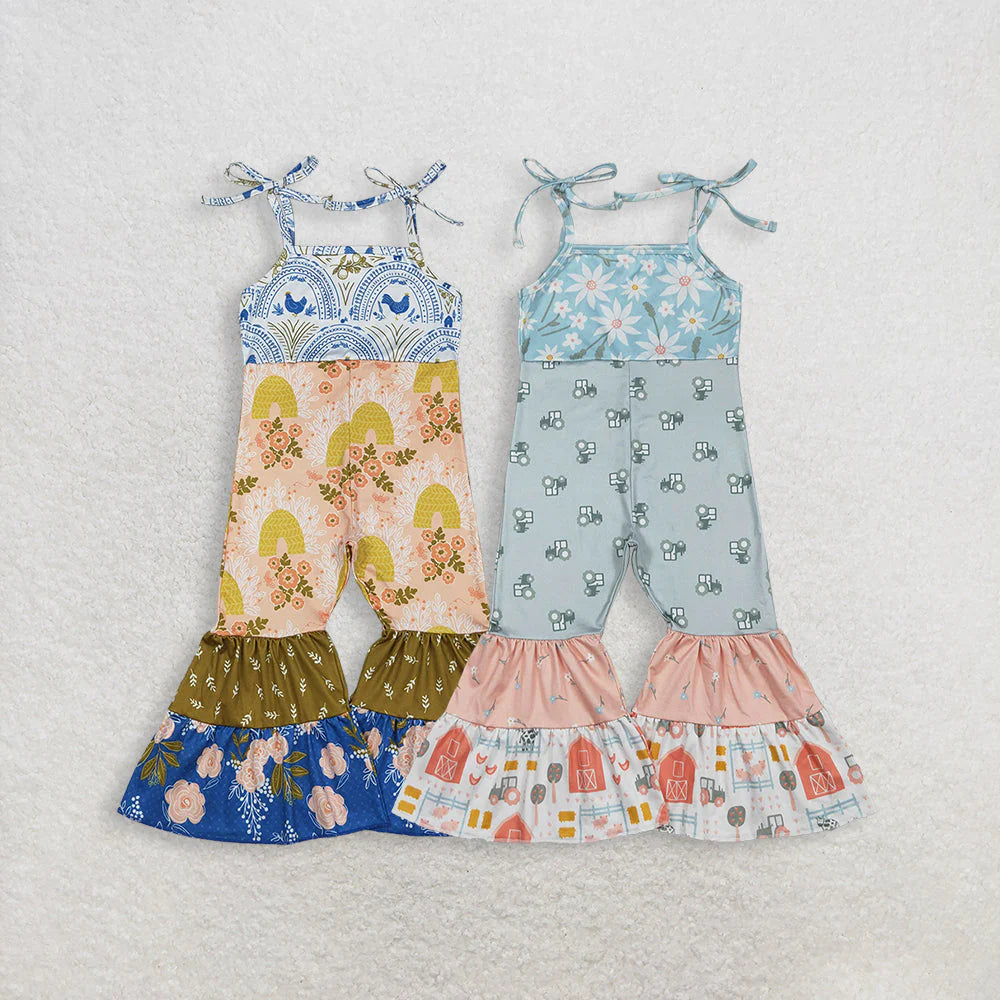 Sibling Baby Girls Strap Flowers Chicks Trucks Farm Patchwork Jumpsuits