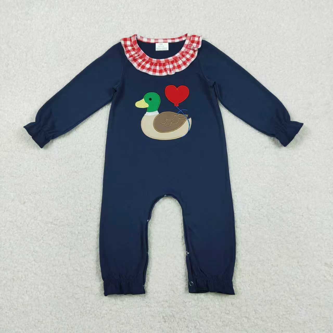 Sibling Baby Girls Boys Embroidery Duck Heart Navy Top Red Gingham Pants Set Footie Romper