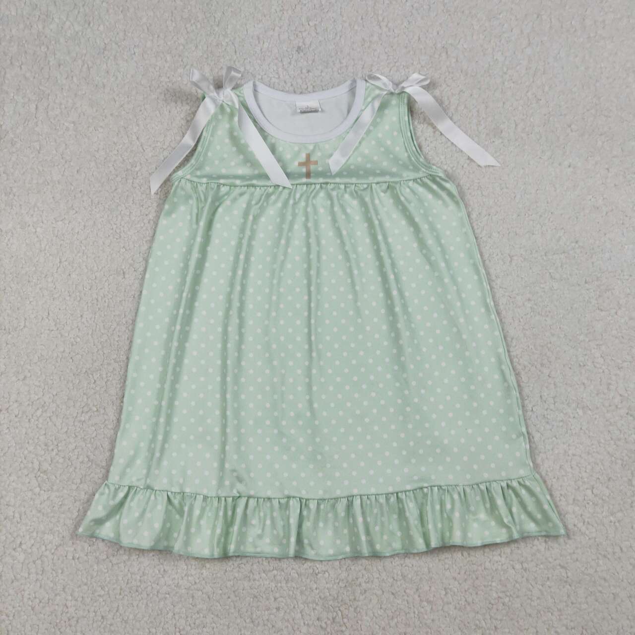 GSD2860 Baby Girls Green Polka Dots Cross Easter Ruffle Knee Length Dresses