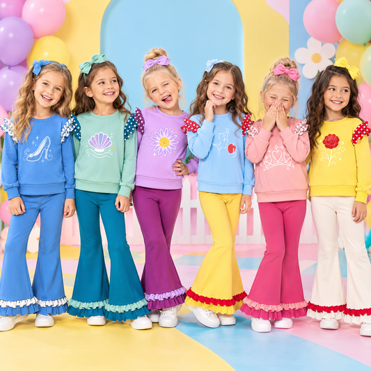 (Custom Design Preorder MOQ 5 Each) Cartoon Princess Print Girls Ruffles Clothes Set Sisters Wear