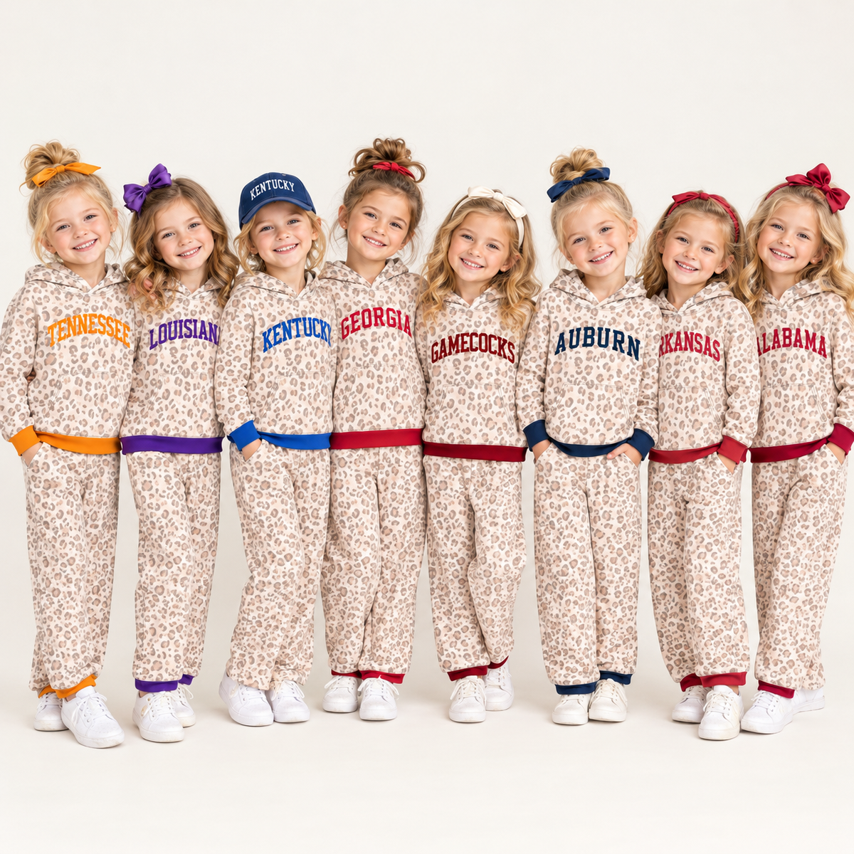 (Custom Design Preorder MOQ 5 Each) Teams Leopard Print Hoodie Top Pockets Pants Girls Clothes Set Sisters Wear