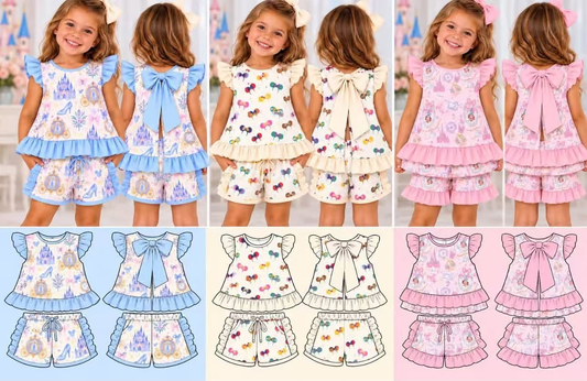 (Custom Design Preorder MOQ 5 Each) Cartoon Print Flutter Sleeve Backless Big Bow Top Ruffle Shorts Girls Clothes Set Sisters Wear