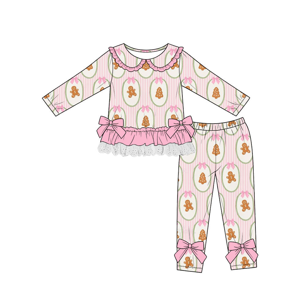 (Custom Design Preorder MOQ 5) Gingerbread Bows Stripes Ruffle Top Legging Pants Girls Christmas Clothes Set