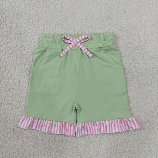 SS1000 Girls Light Green with Pink Stripe Ruffle Bottom Shorts