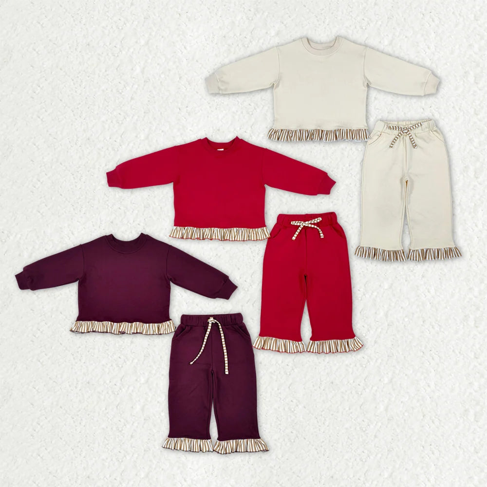 Sibling Toddler Girls Striped Ruffle Trim Long Sleeve Sweater Pocket Pants Outfit