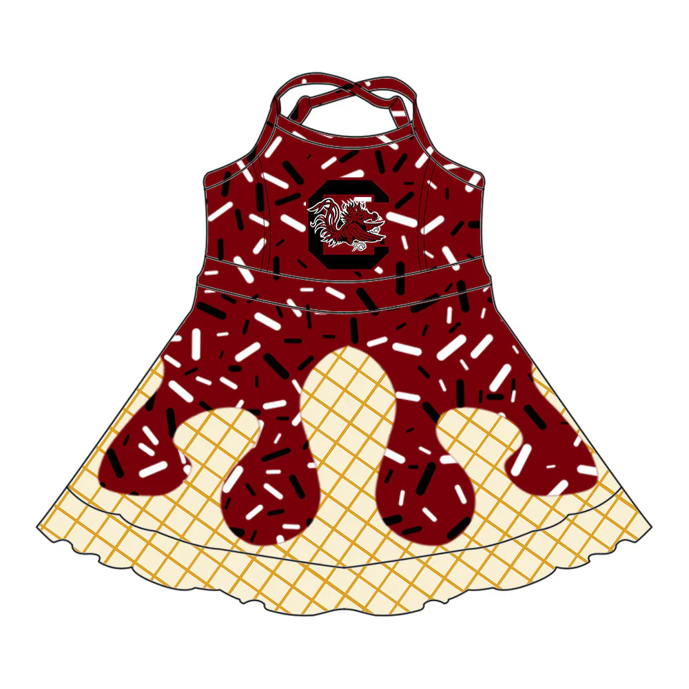(Custom Preorder MOQ 5) Baby Girls Drip Sprinkles South Carolina Team Shorts Ruffle Knee Length Dress