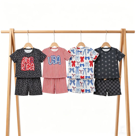 Sibling Baby Girls Summer Stars USA Top Shorts 4th of July Slouchy Pajamas Clothes Sets