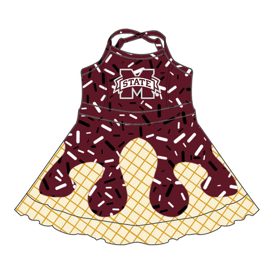 (Custom Preorder MOQ 5) Baby Girls Drip Sprinkles M State Team Shorts Ruffle Knee Length Dress