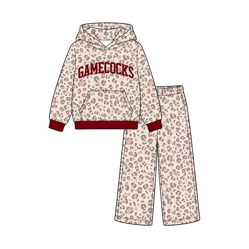 (Custom Design Preorder MOQ 5 Each) Teams Leopard Print Hoodie Top Pockets Pants Girls Clothes Set Sisters Wear
