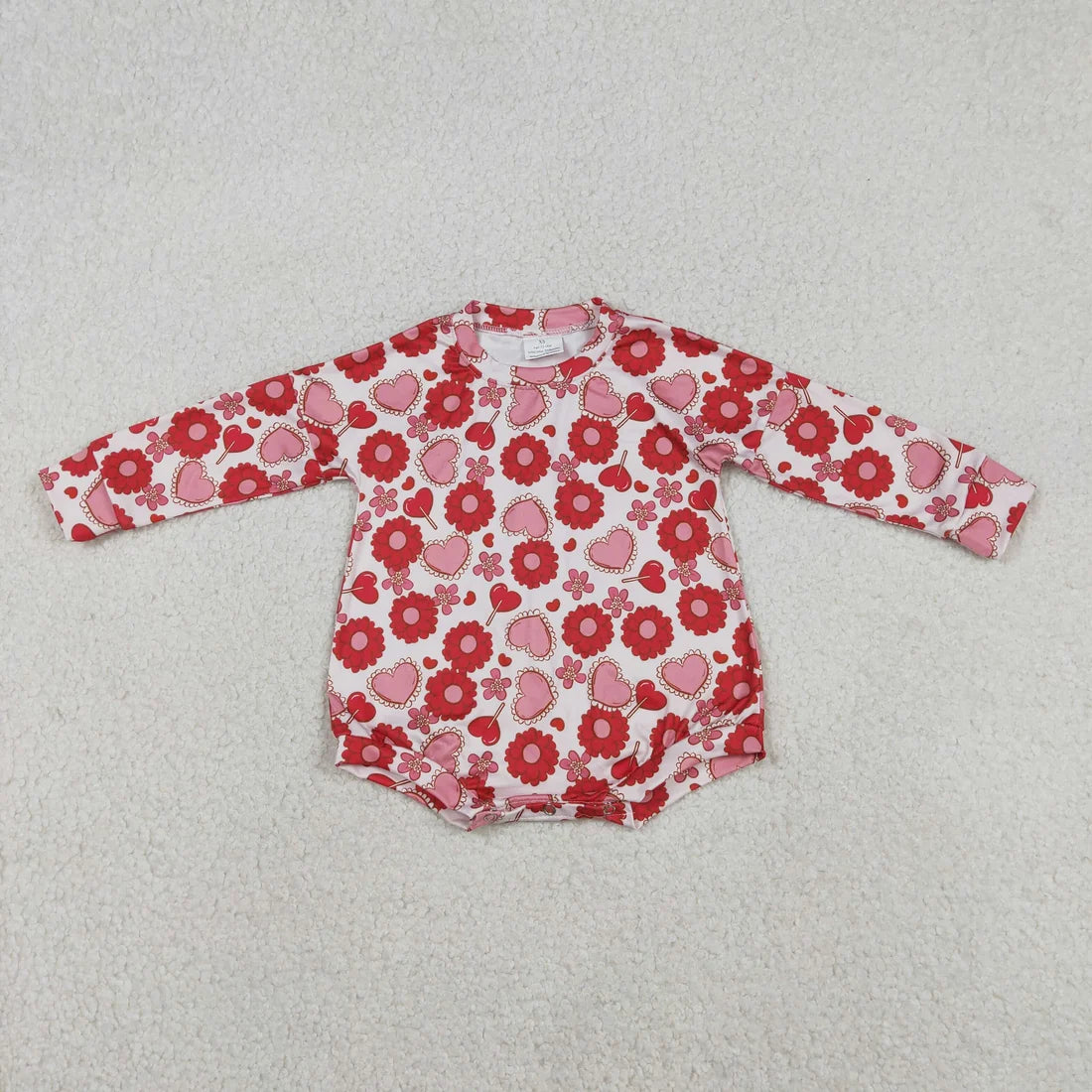 Baby Girls Red Flowers Pink Heart Long Sleeve Bubble Romper