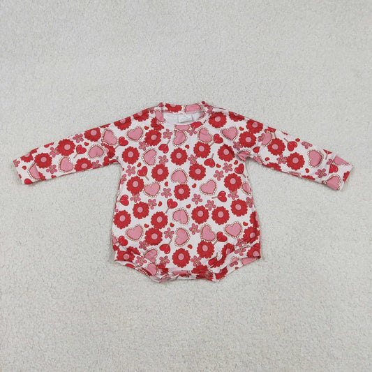 Baby Girls Red Flowers Pink Heart Long Sleeve Bubble Romper