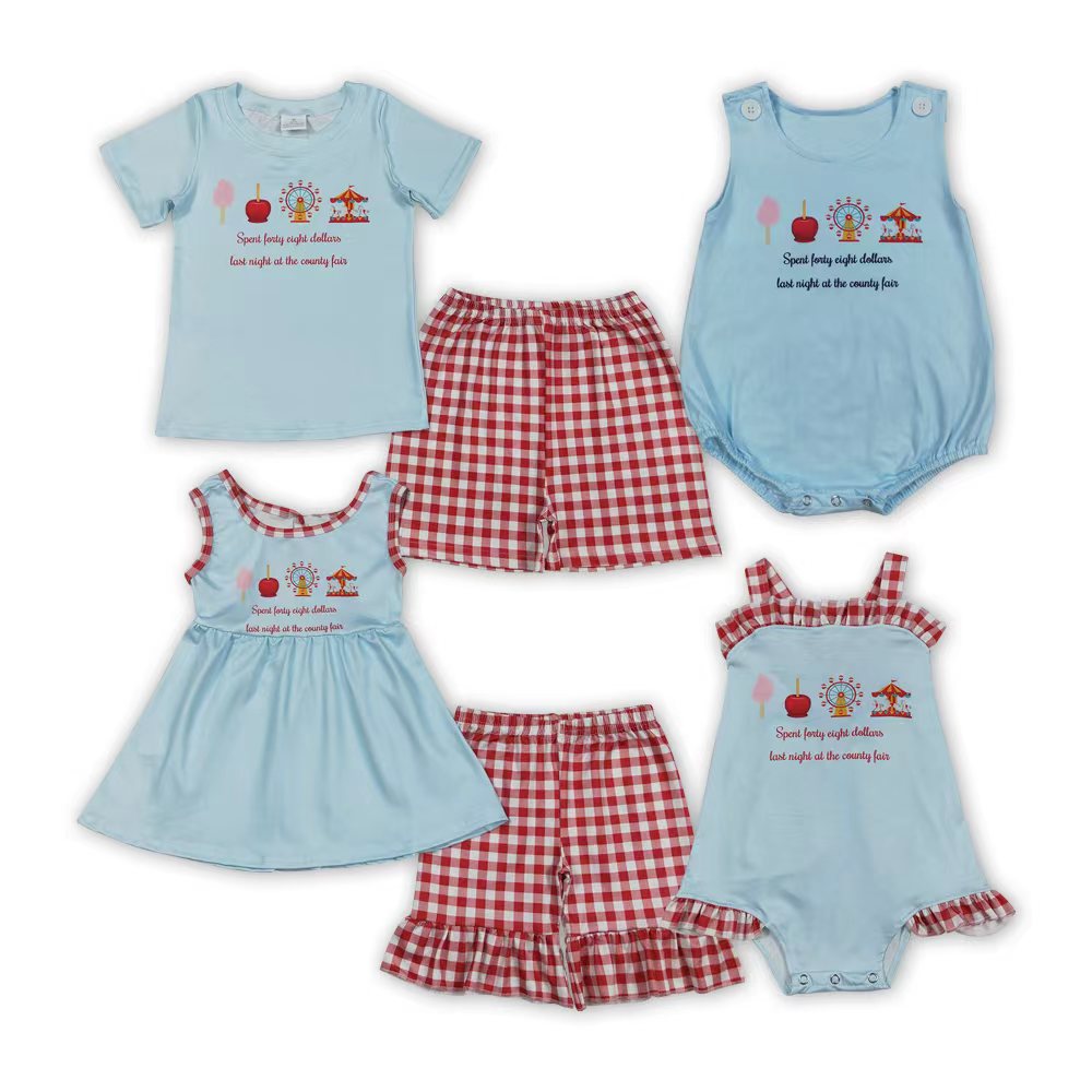 County Fair Blue Top Red Plaid Shorts Kids Summer Clothes Sibling Matching Styles