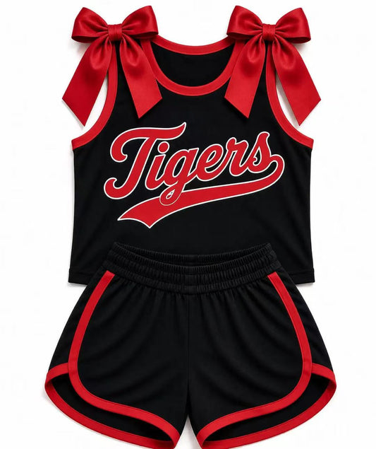 (Custom Design Preorder MOQ 5) Girls Red Bow Black StrapTigers Tank  & Shorts Sport Team Outfit