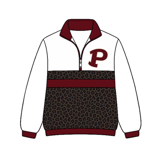 (Custom Design Preorder MOQ 5)  Prescott Leopard Print Girls & Women Sports Team Long Sleeve Zipper Pullover Top
