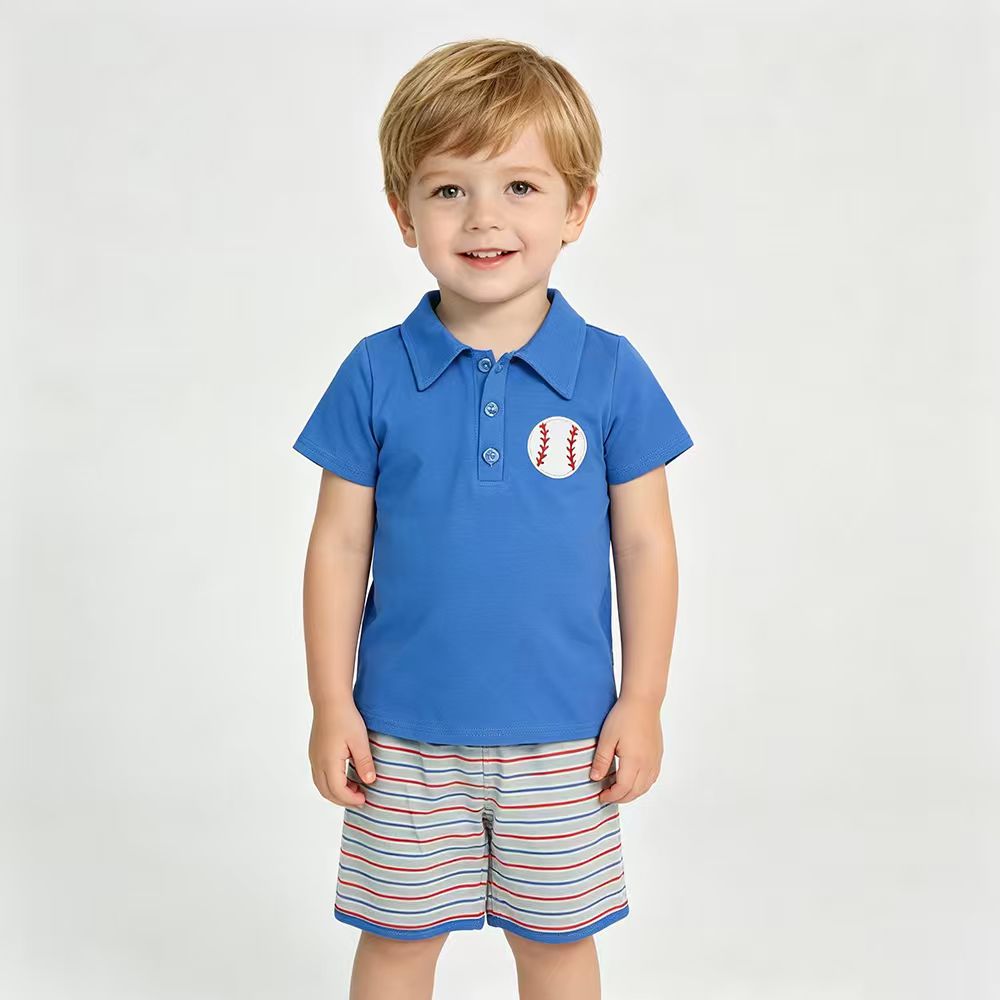 Baseball Embroidery Blue Polo Top Stripes Shorts Boys Summer Clothes Set