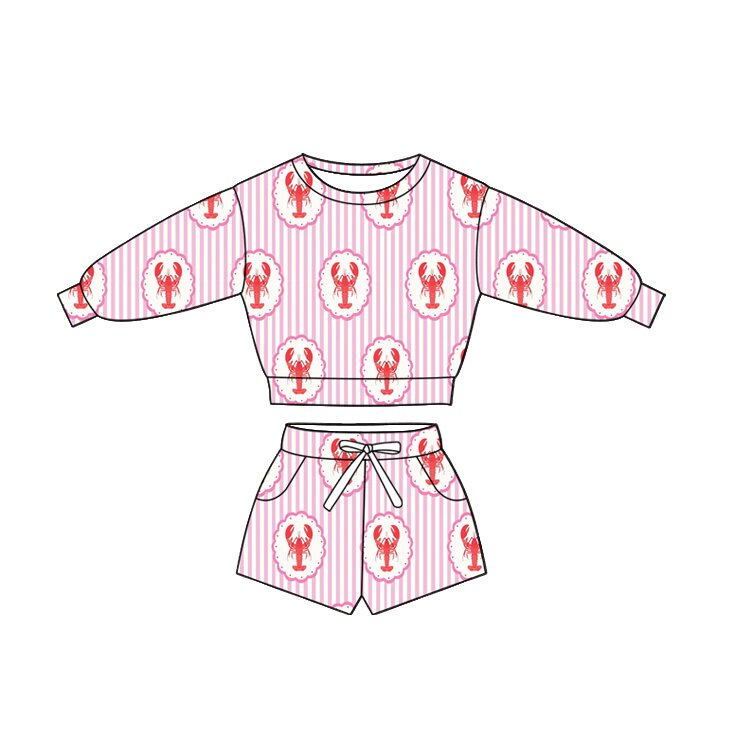 (Custom Design Preorder MOQ 5 Each) Crayfish Stripes Long Sleeve Top Pockets Shorts Girls Clothes Set Sisters Wear