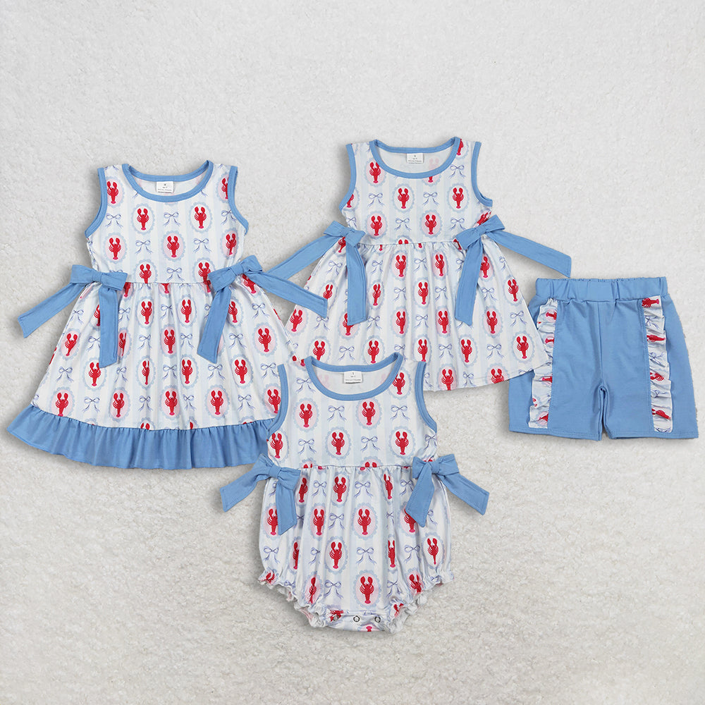 Sibling Baby Girls Bows Crayfishes Tunic Ruffle Shorts Clothes Set Ruffle Knee Length Dresses