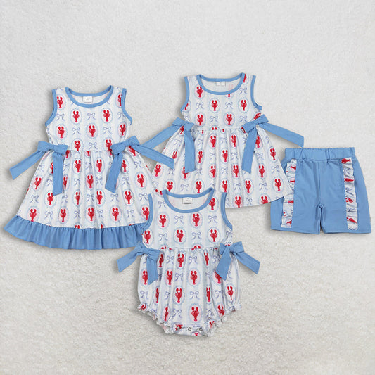 Sibling Baby Girls Bows Crayfishes Tunic Ruffle Shorts Clothes Set Ruffle Knee Length Dresses