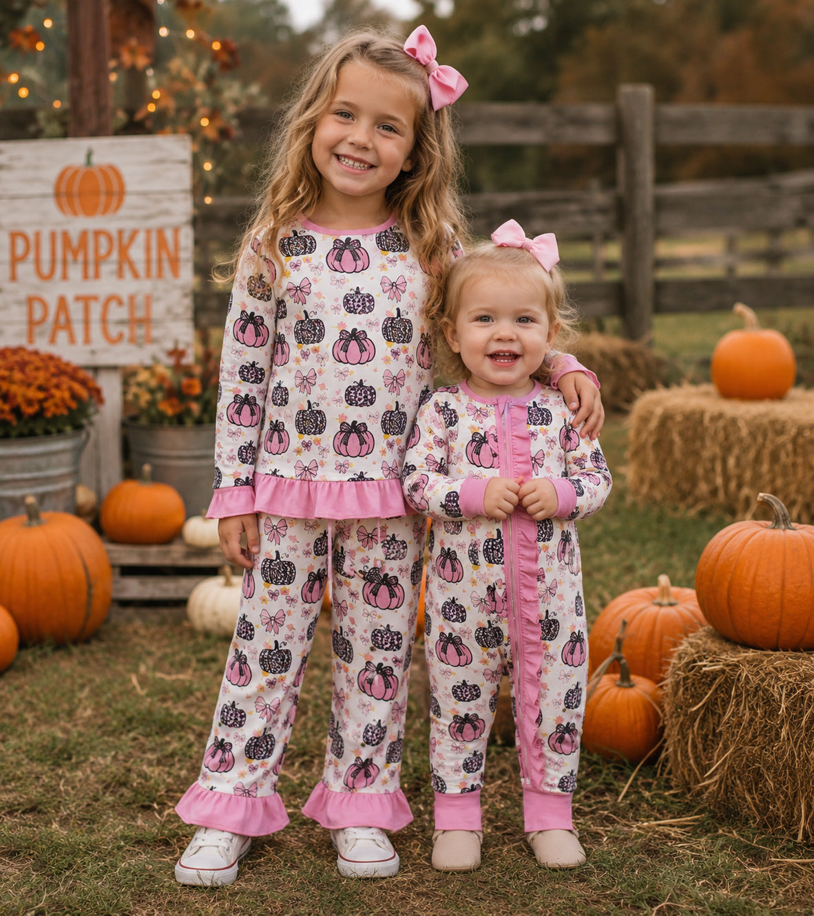 Sibling Baby Girls Pink Pumpkin Pants Pajamas Sets Zipper Rompers