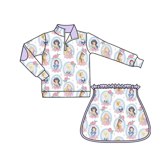 (Custom Design Preorder MOQ 5) Cartoon Princess Flowers Bows Zipper Pullover Top Skort Girls Clothes Set