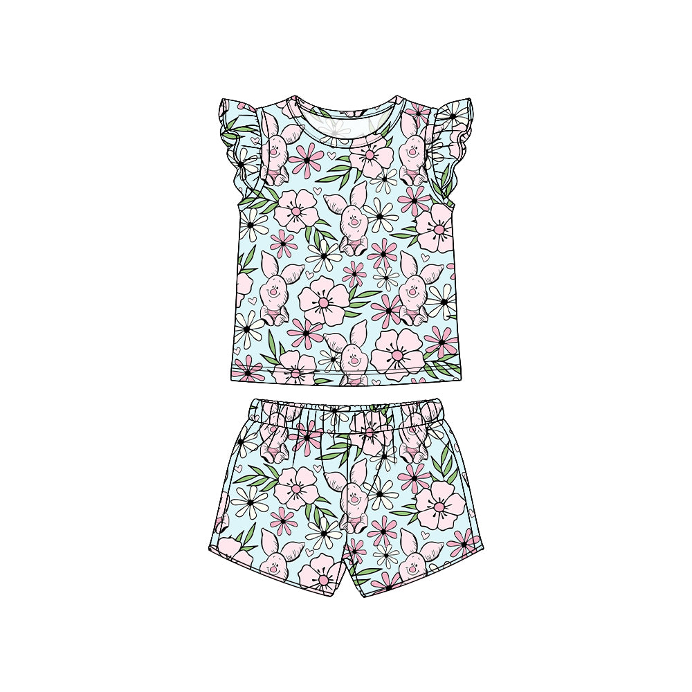 3.31(Custom Design Preorder MOQ 5 Each Item) Cartoon Bear Winni* Flowers Print Girls Summer Outfits Sister Wear