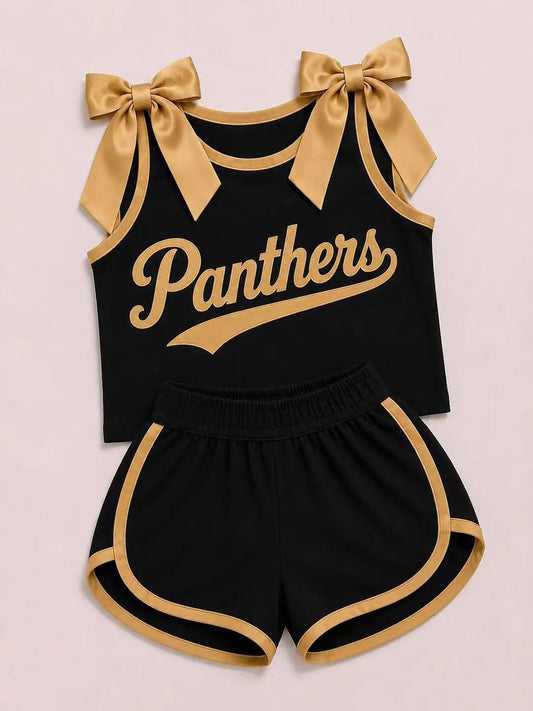 (Custom Design Preorder MOQ 5) Girls  Bow Strap Panthers Tank  & Shorts Sport Team Outfit