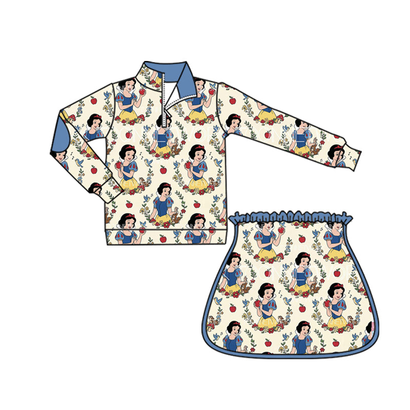 (Custom Design Preorder MOQ 5) Cartoon Princess Apple Zipper Pullover Top Skort Girls Clothes Set