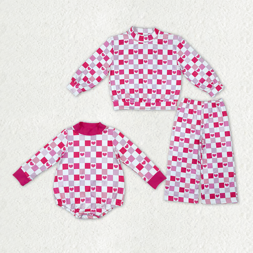 Sibling Baby Girls Valentines Heart Checked Print Outfit +Romper