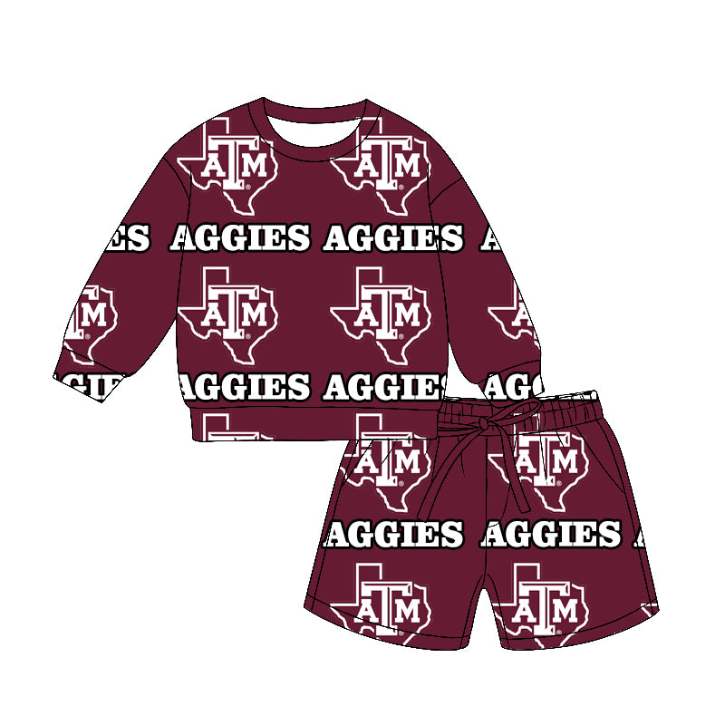 (Custom Design Preorder MOQ 5) Teams Texas A&M Aggies Long Sleeve Top Pockets Shorts Mommy and Me Clothes Set