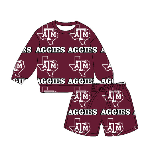 (Custom Design Preorder MOQ 5) Teams Texas A&M Aggies Long Sleeve Top Pockets Shorts Mommy and Me Clothes Set