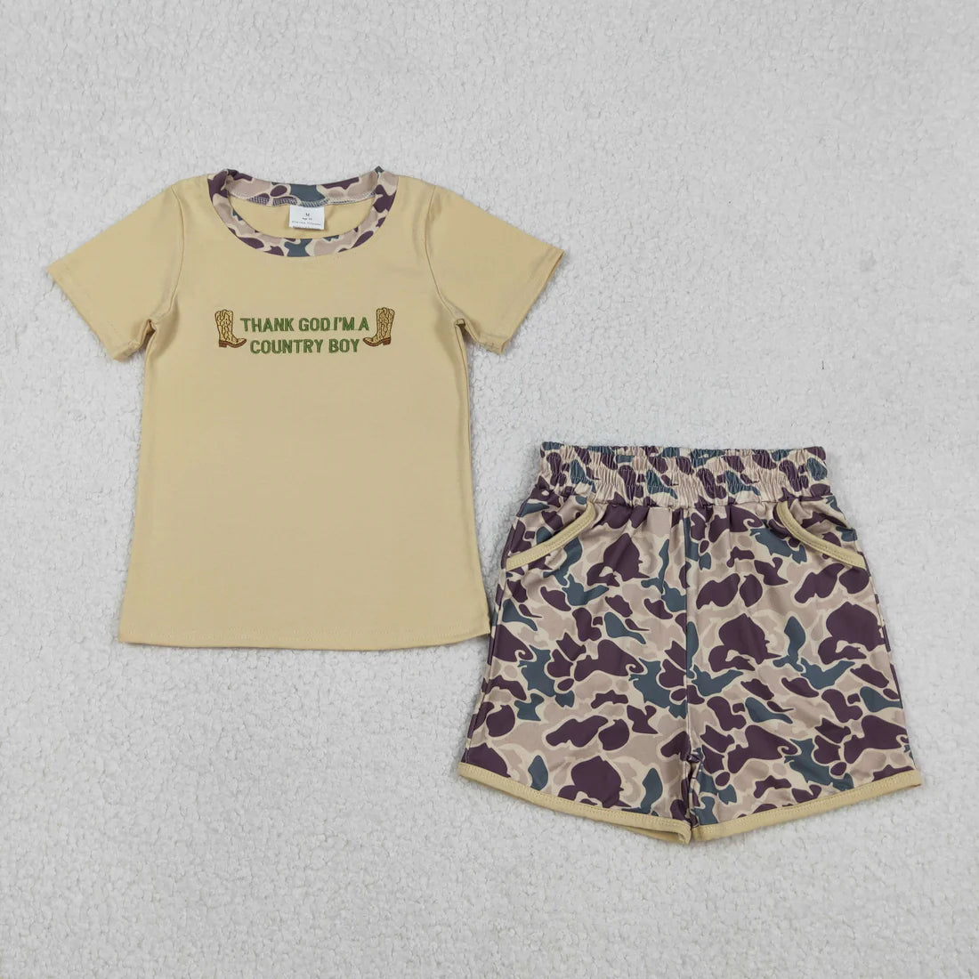 Embroidery Country Boy Boots Top Camo Pockets Shorts Western Clothes Sets