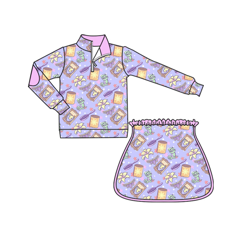 (Custom Design Preorder MOQ 5) Cartoon Princess Rapunze* Purple Zipper Pullover Top Skort Girls Clothes Set