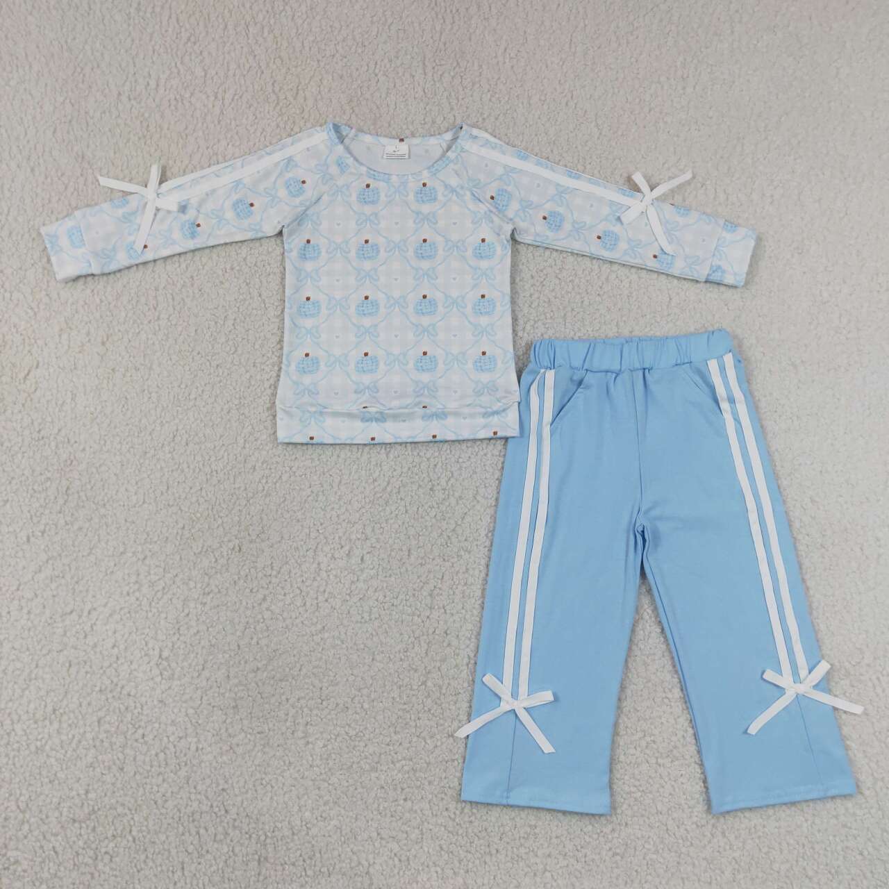 Girls Blue Gingham Pumpkin Bow Outfit -Sweatshirt & Light Blue Pants