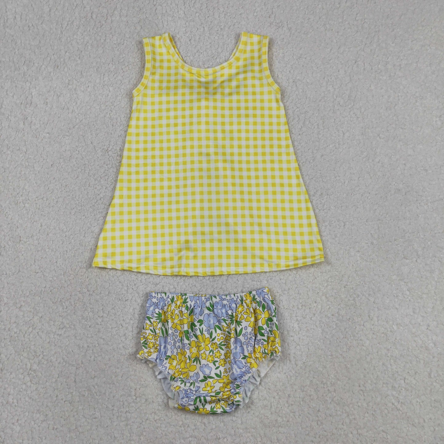 Yellow Plaid Backless Top Flowers Shorts Baby Girls Summer Bummie Set
