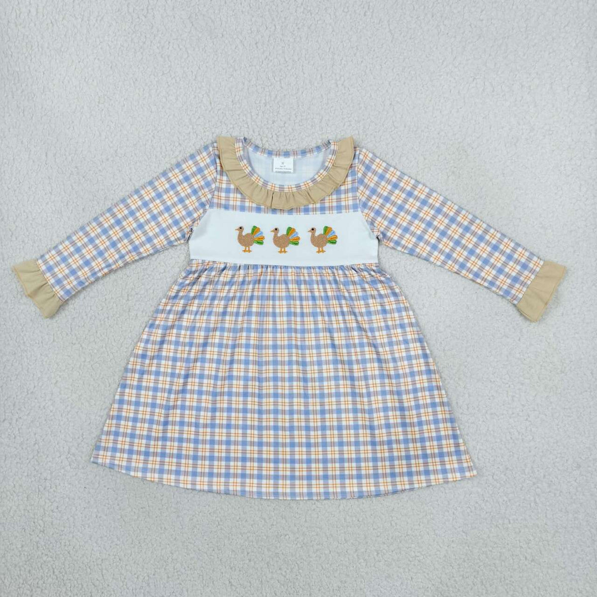 GLD1667 Turkey Embroidery Plaid Print Girls Thanksgiving Dress