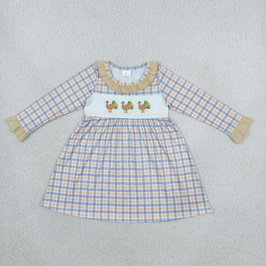 GLD1667 Turkey Embroidery Plaid Print Girls Thanksgiving Dress