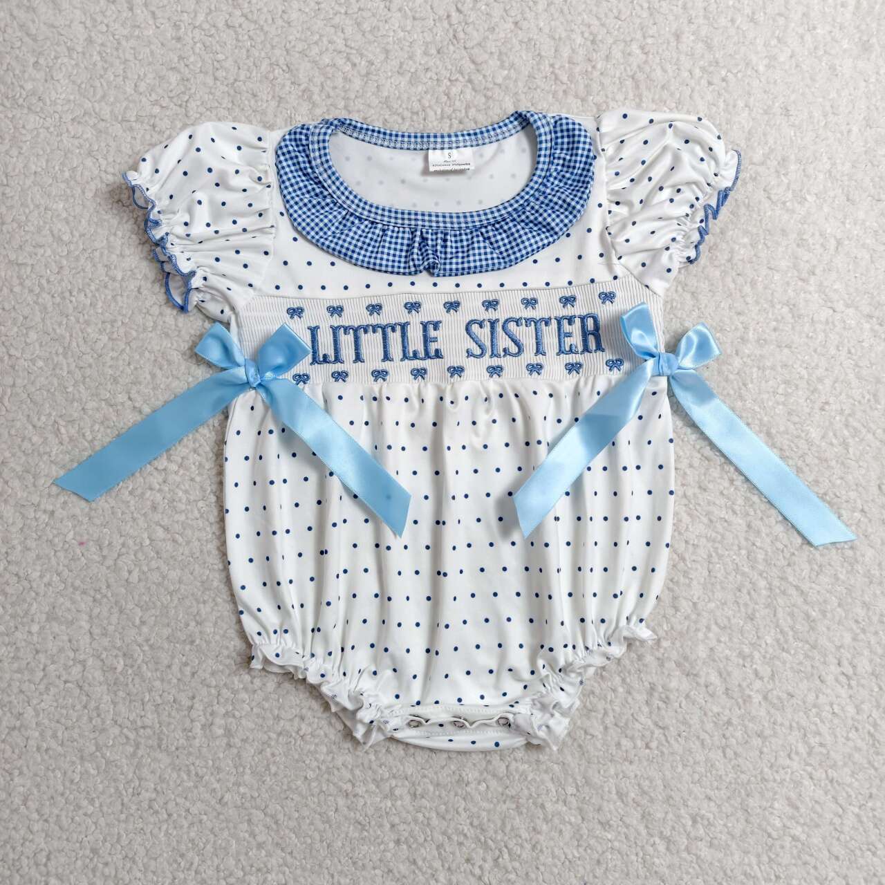 SR3981 Little Sister Embroidery Dots Print Baby Girls Summer Smocked Romper