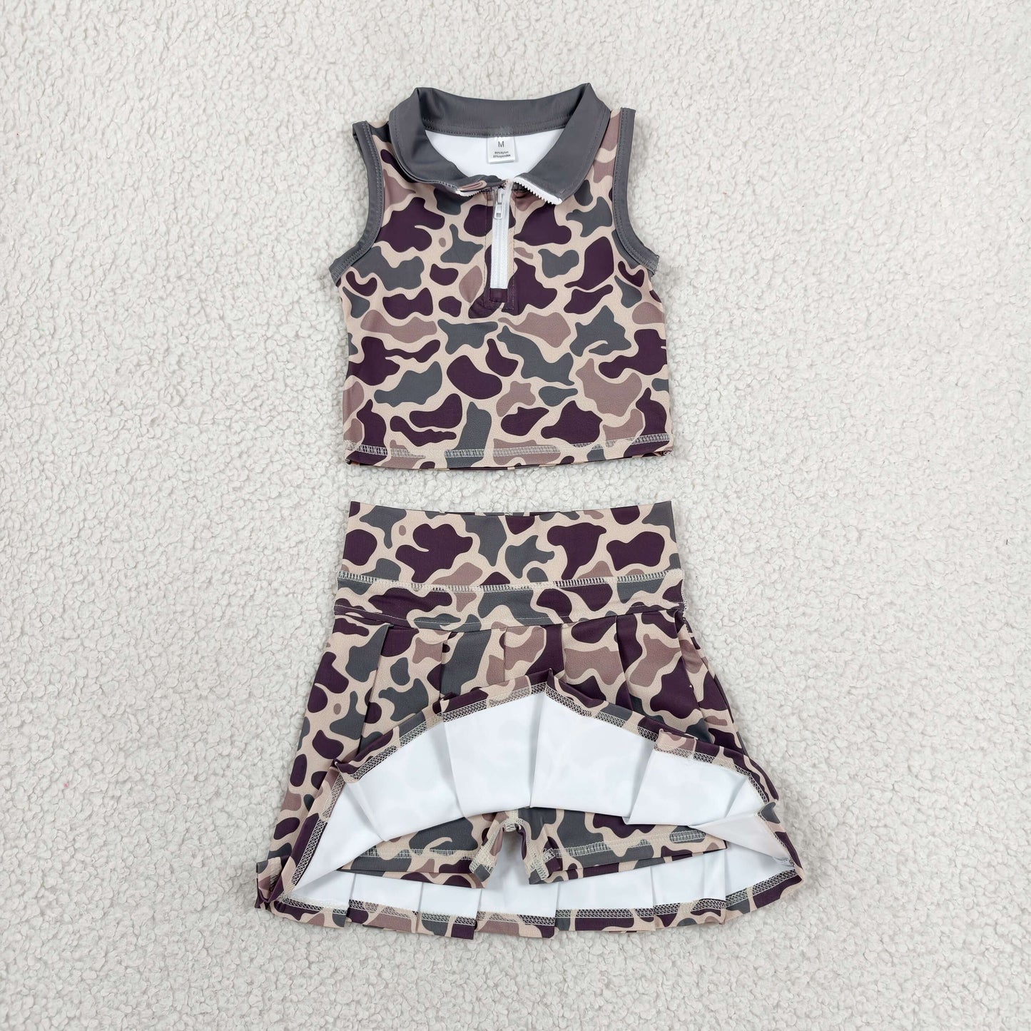 GSD3969 Dark Brown Camo Zipper Sleeveless Top Skort Girls Summer Yoga Clothes Set