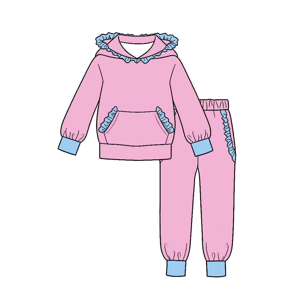 (Custom Design Preorder MOQ 5) Pink Cotton Blue Ruffles Hoodie Top Pockets Joggers Pants Girls Clothes Set