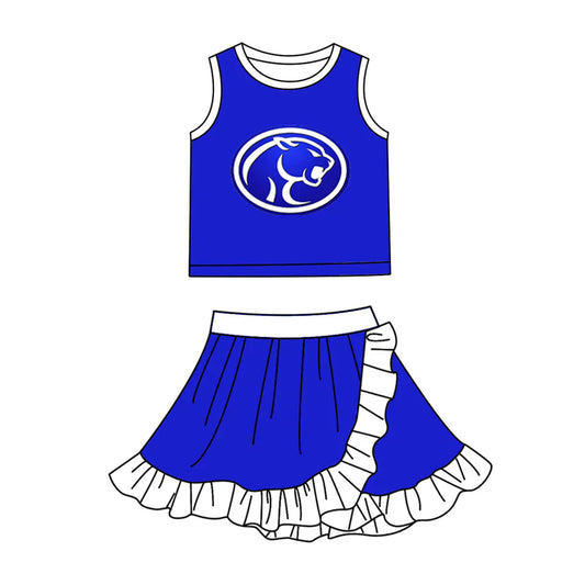 (Custom  Preorder MOQ 5) Baby Girls Blue Cougars Vest Top Ruffle Skirt Short Team Clothes Sets