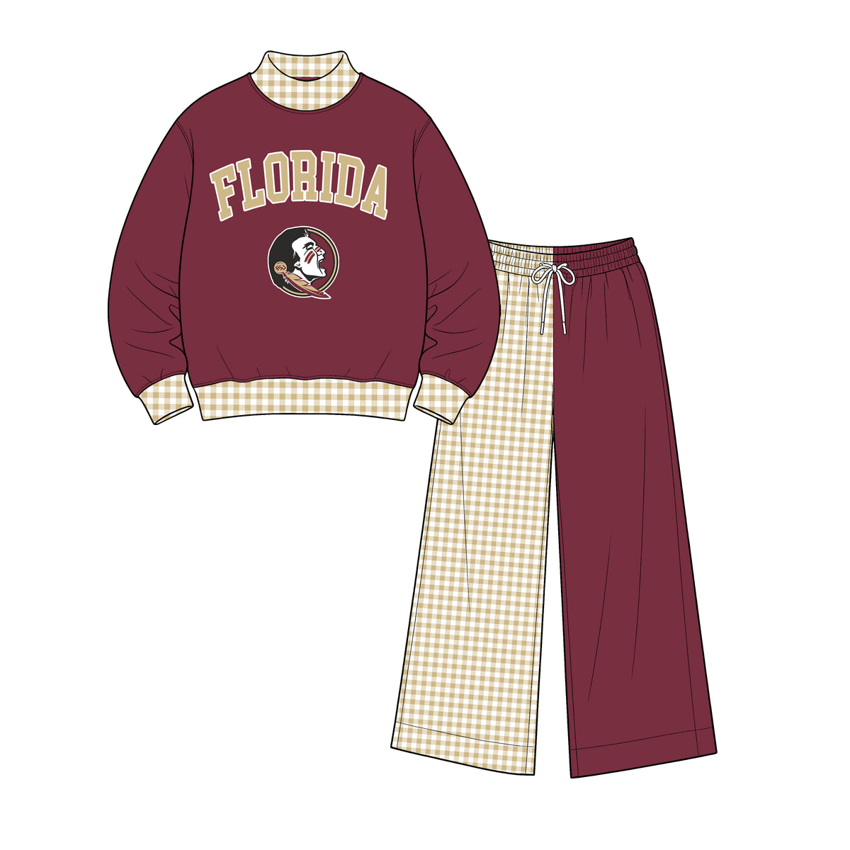 (Custom Design Preorder MOQ 5) Floroda  Mock Neck Maroon Top with Patch Wide Leg Set