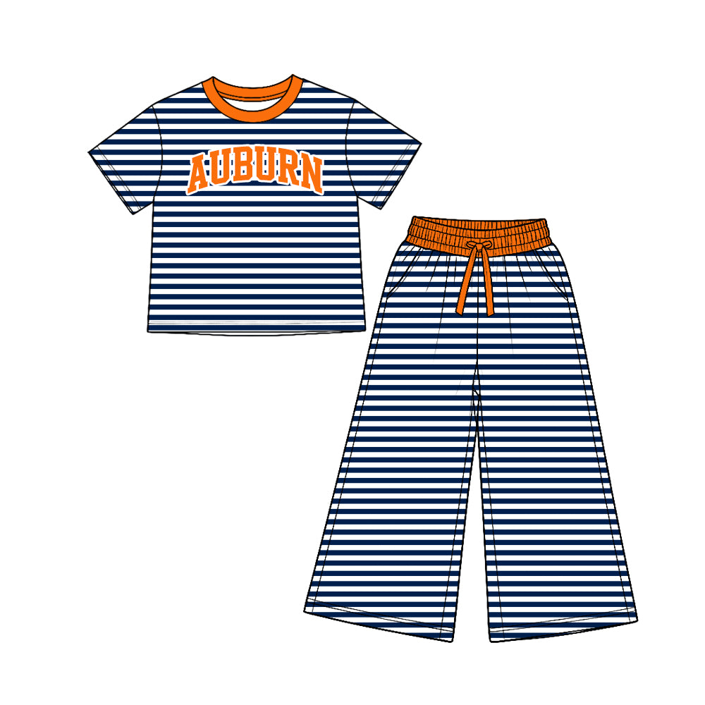 (Custom Design Preorder MOQ 5 Each)Teams Stripes Print Short Sleeve Top Straight Pockets Pants Girls Clothes Set Sisters Wear