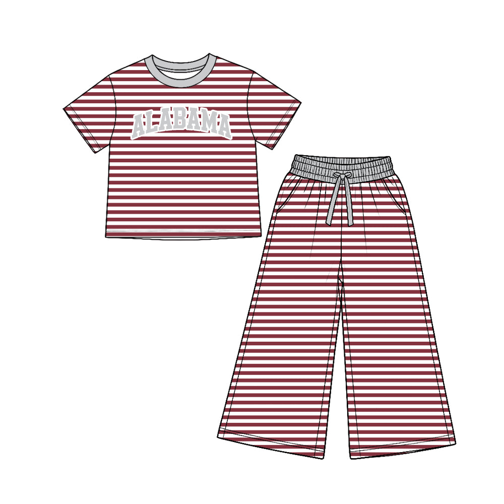 (Custom Design Preorder MOQ 5 Each)Teams Stripes Print Short Sleeve Top Straight Pockets Pants Girls Clothes Set Sisters Wear