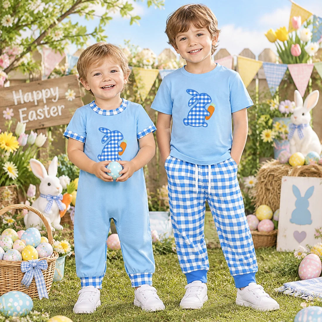 Sibling Baby  Boys Easter Gingham Rabbot Pants Outfit +Romper