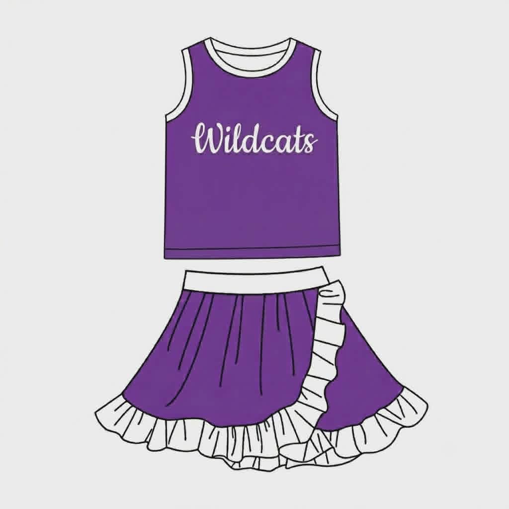 Preorder (moq 5) Girls Wildcats Script Purple White Ruffle Trim Tank Top & Pleated Skirt Game Day Cheer Outfit Set